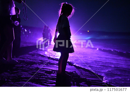 ライトアップされた海と少女のシルエット 117501677
