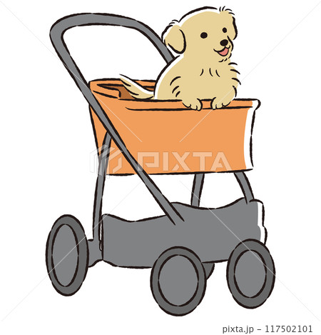 犬が乗ったペットカートの手描きイラスト 犬が乗ったペットカートの手描きイラスト 117502101