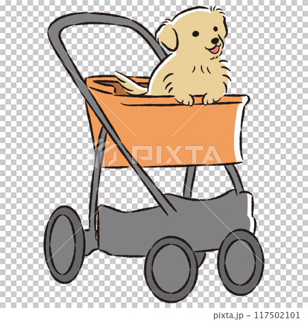 犬が乗ったペットカートの手描きイラスト 犬が乗ったペットカートの手描きイラスト 117502101