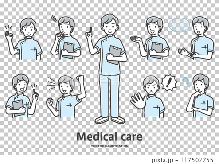 A set of various illustrations of a male nurse's facial expressions and gestures A set of various illustrations of a male nurse's facial expressions and gestures 117502755