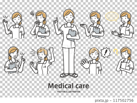 Nurse female facial expressions and gestures variation illustration set 117502756