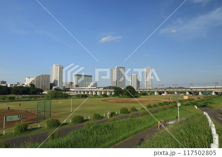 多摩川の河川敷から見る二子玉川駅周辺の風景 多摩川の河川敷から見る二子玉川駅周辺の風景 117502805