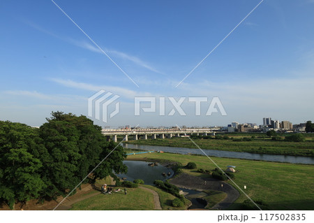 多摩川の河川敷から見る二子玉川駅周辺の風景 多摩川の河川敷から見る二子玉川駅周辺の風景 117502835