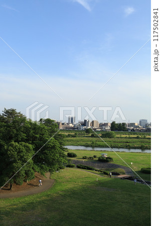 多摩川の河川敷から見る二子玉川駅周辺の風景 多摩川の河川敷から見る二子玉川駅周辺の風景 117502841