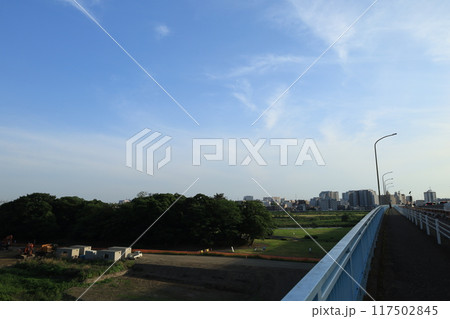 多摩川の河川敷から見る二子玉川駅周辺の風景 117502845