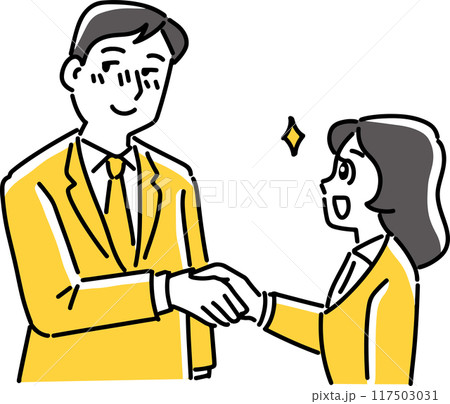 女性に握手されて照れるビジネスマン 117503031