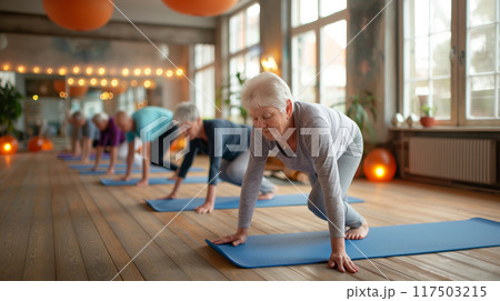 Elderly Yoga Class in Cozy Studio with Supportive Teacher 117503215
