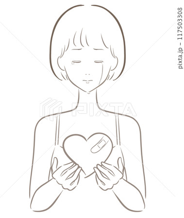ハート 悲しい女の子 線画 茶色 ボブ 117503308
