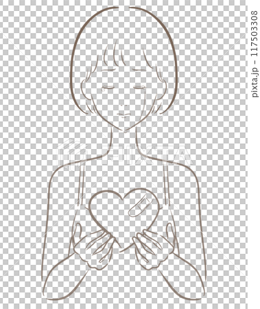 ハート 悲しい女の子 線画 茶色 ボブ 117503308