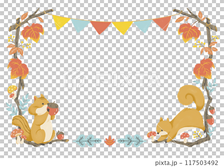 秋季彩色植物和松鼠的插圖框架 秋季彩色植物和松鼠的插圖框架 117503492