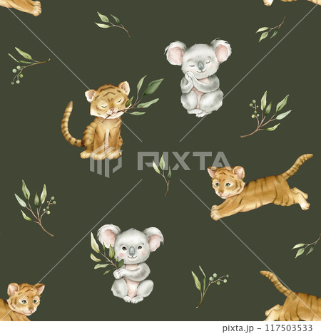 Seamless pattern with green eucalyptus leaves and cute tiger and koala. Watercolor isolated illustration on dark green background. Cartoon kids print with animals minimalist scandinavian style. 117503533