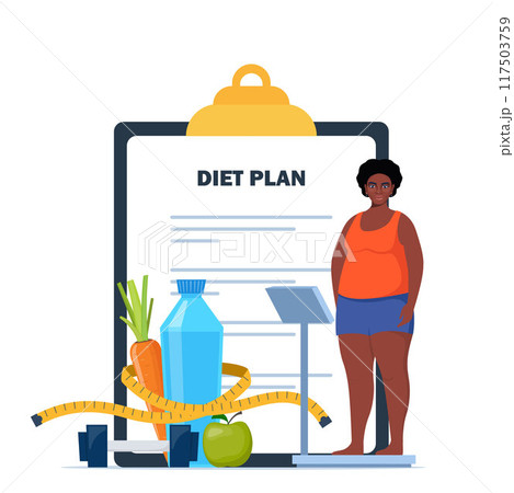 Fat black woman standing on weigh scales. Diet plan checklist. Healthy food and sports. Vector illustration. 117503759