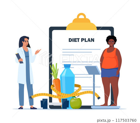 Fat black woman standing on weigh scales. Doctor explain about health and how to loose weight. Diet plan checklist. Healthy food and sports. Vector illustration. Fat black woman standing on weigh scales. Doctor explain about health and how to loose weight. Diet plan checklist. Healthy food and sports. Vector illustration. 117503760