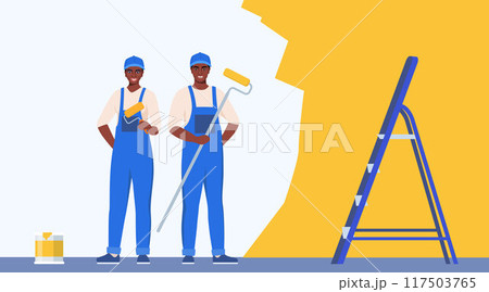 Painters black woman and man painting house wall with roller brush. Decorator job, interior renovation service. Vector illustration. 117503765