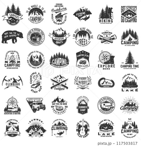 Set of camping related typographic quote. Vector. The images are created without the use of any artificial intelligence software at any stage. Design with forest, mountains, axe and campfire 117503817