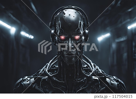 暗闇で赤く目が光っている恐ろしい人造人間 117504015