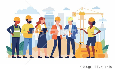 Under a bright sun, a collaborative meeting unfolds at a construction site. A diverse team of developers discusses the design and development of a new apartment complex. Under a bright sun, a collaborative meeting unfolds at a construction site. A diverse team of developers discusses the design and development of a new apartment complex. 117504710