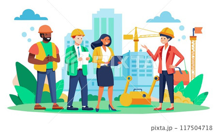 Sunny skies reflect a positive outlook as a diverse team meticulously plans the construction of a successful apartment development. 117504718