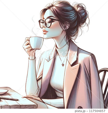 カフェでリラックスしながらホットドリンクを楽しむ女性 117504857