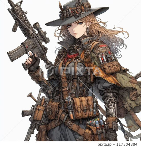 銃を構える女性、イラスト 117504884