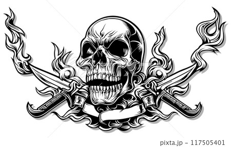 Skull with Flames and Knives Skull with Flames and Knives 117505401