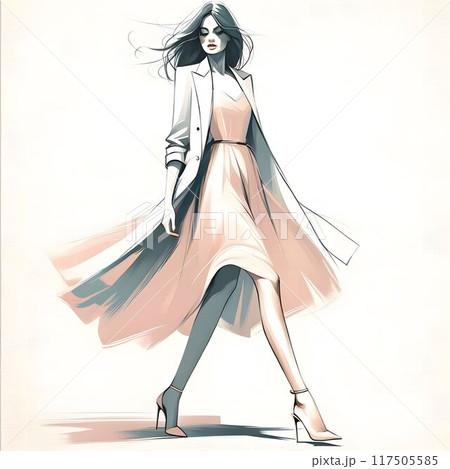 パステルカラー調の風になびくコートとワンピースの優雅な女性 117505585
