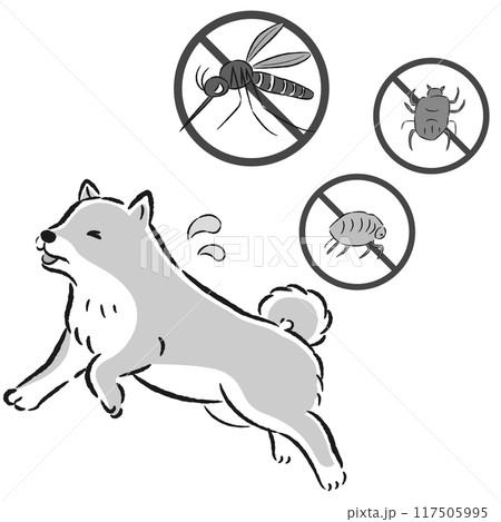 犬と害虫（蚊、ノミ、ダニ）のイラストセット 117505995