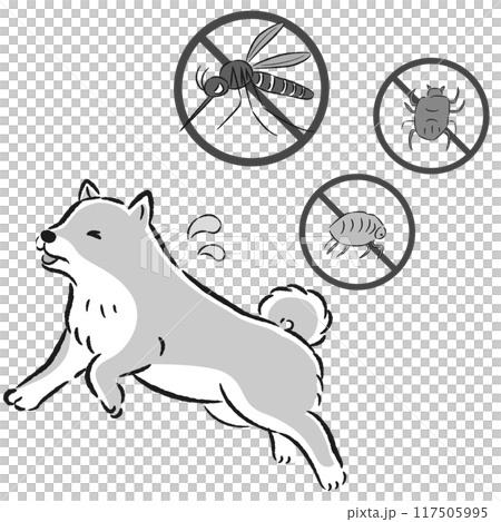 犬と害虫（蚊、ノミ、ダニ）のイラストセット 117505995