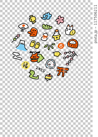 Hand-drawn snake and cute Japanese lucky charm illustrations New Year's material 2025 Hand-drawn snake and cute Japanese lucky charm illustrations New Year's material 2025 117506211