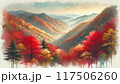紅葉の山々と朝もやに霞む山々 117506260