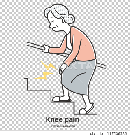 階段を登る際、膝が痛い高齢女性 117506386