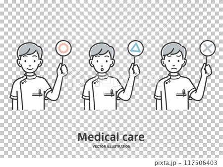 A male nurse responding with circle, triangle, and cross signs 117506403