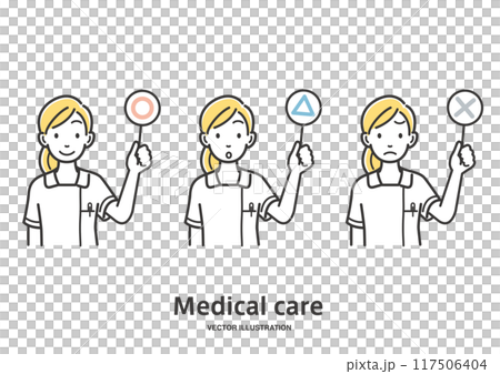 A female nurse responding with circle, triangle, and cross signs 117506404