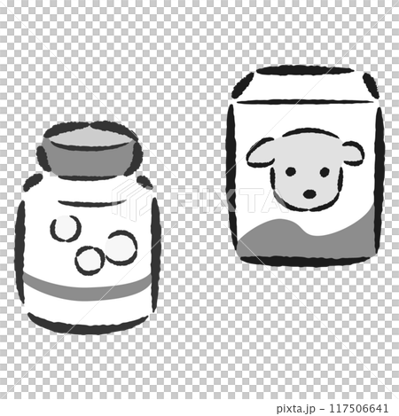 シンプルな犬用サプリメントの手描きイラストセット 117506641