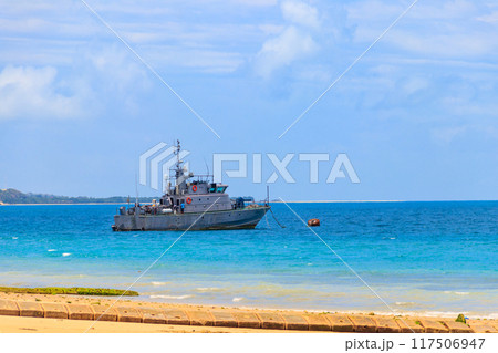 Warship anchored in the Indian ocean near Zanzibar, Tanzania 117506947