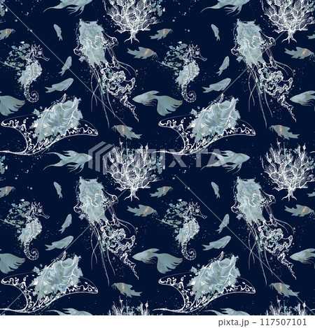 Watercolor and ink hand drawn marine life, sea ocean underwater creatures. fish, shells algae seaweed. Seamless pattern illustration, stylized, isolated on dark. Zoo shop, aquarium, cosmetics, resort 117507101