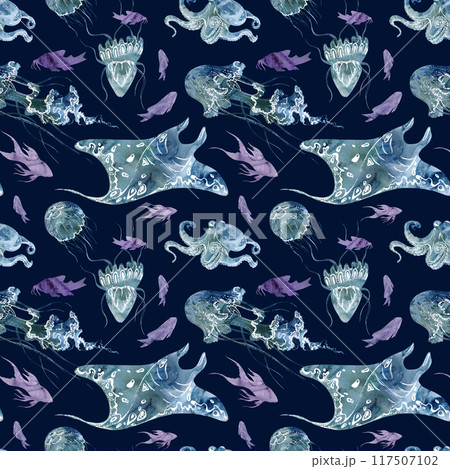 Watercolor and ink hand drawn marine life, sea ocean underwater creatures. fish, shells algae seaweed. Seamless pattern illustration, stylized, isolated on dark. Zoo shop, aquarium, cosmetics, resort 117507102
