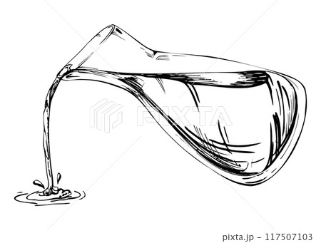 Hand drawn vector pen ink, transparent glass vase jar jug bottle pouring soy teriyaki sauce coffee with splash. Isolated illustration for wedding, cards, spa, florist shop, cafe restaurant, commerce. 117507103