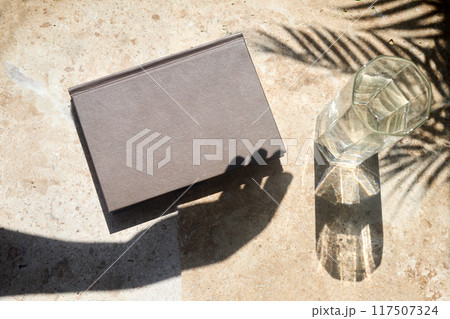 Book and Glass on Sunny Table. A brown book and a glass of water on a sunlit table with palm shadows. 117507324