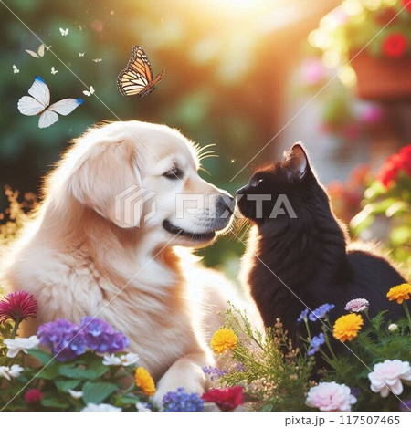 お互いの顔を近付けて匂いをかぐ大型犬と黒猫 117507465