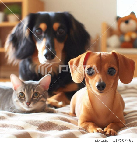 ご主人のベッドを占領する犬と猫 117507466