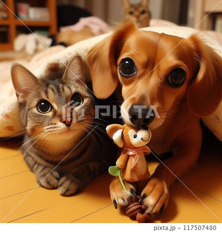 仲良しの猫とダックスフンドを後ろから眺めている猫 117507480