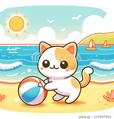 海とビーチボールと子猫 海とビーチボールと子猫 117507501