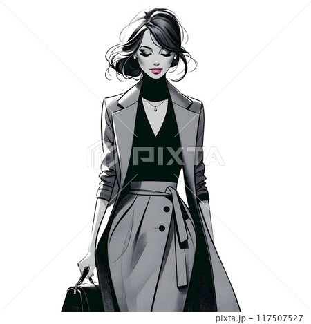 モノクロのシックな女性がクラシックなコートで歩く姿 モノクロのシックな女性がクラシックなコートで歩く姿 117507527