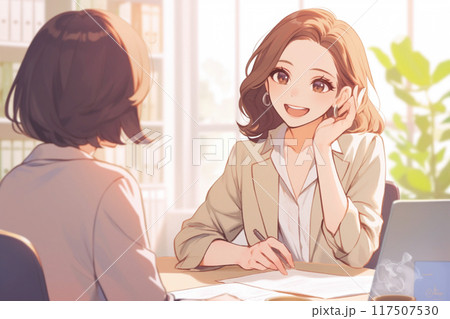 楽しそうに打ち合わせするビジネスウーマン2人_4 117507530