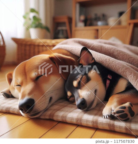 リビングのカーペットの上で寄り添って昼寝する犬 117507830