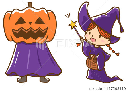 ハロウィーンパーティのかぼちゃのお化けと魔法使いのイラスト 117508110