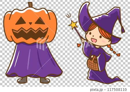 ハロウィーンパーティのかぼちゃのお化けと魔法使いのイラスト 117508110