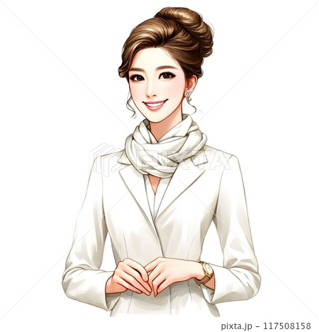 エレガントな白いスーツ姿の上品な女性の微笑み 117508158