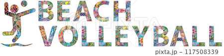Words BEACH VOLLEYBALL with icon in the style of abstract hand drawing. Letters with ornament 117508339